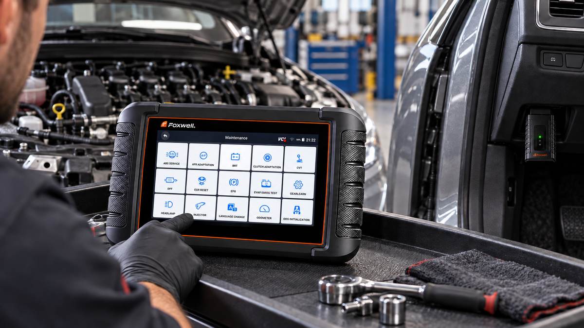 Mechanic using a FOXWELL NT809BT OBD2 scanner to diagnose injector coding problems on a vehicle.