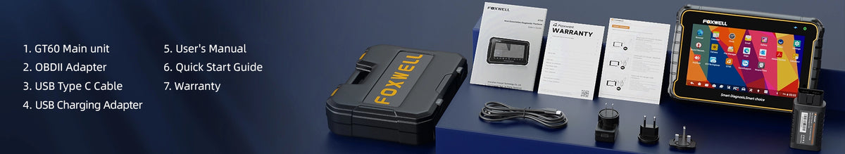 Foxwell GT60 Diagnostic Tool packaging with main unit, VCI, USB charger, case, warranty, manual, and Type C cable.