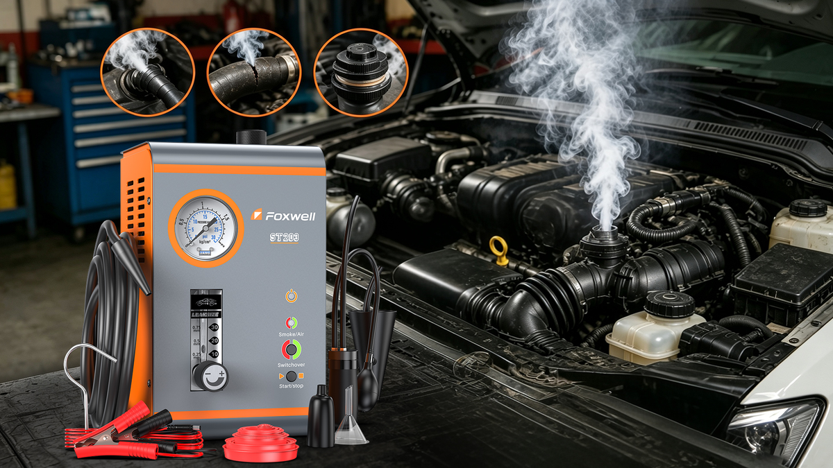 Automotive smoke test: Foxwell machine emits smoke to find leaks on car engine in repair shop