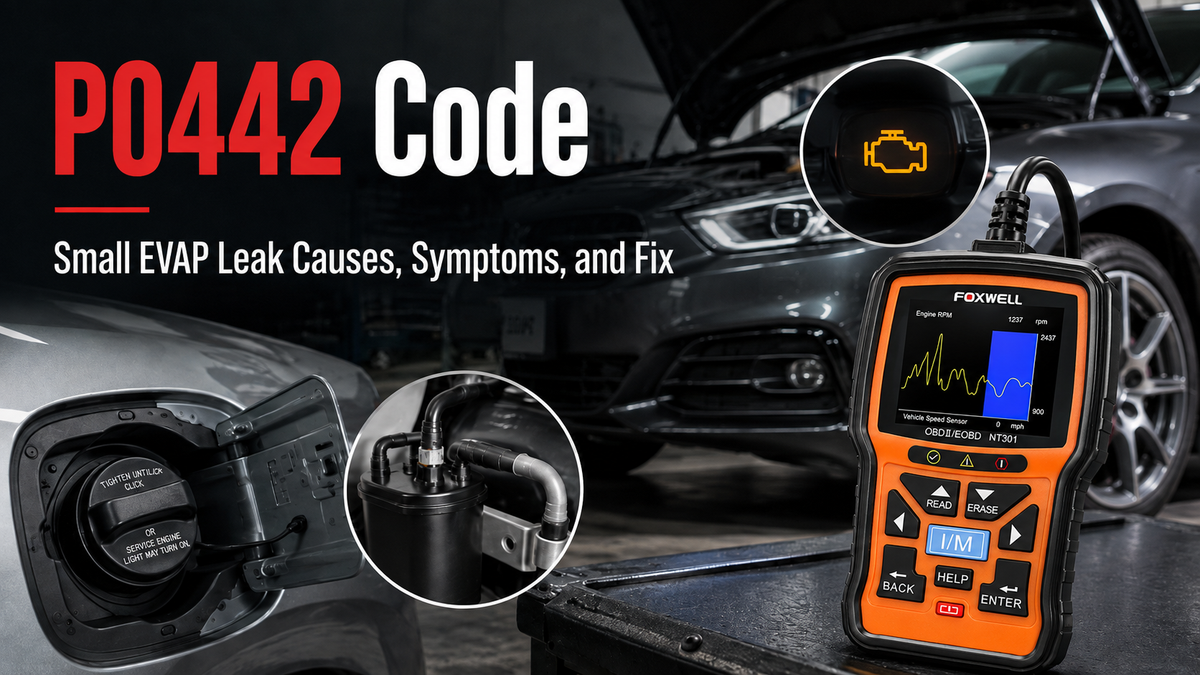 P0442 small EVAP leak diagnostic guide with a Foxwell NT301 OBD2 scanner, fuel cap, EVAP canister, and check engine light.