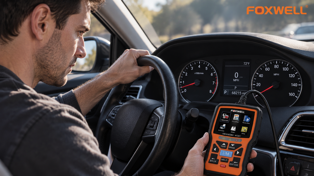 Driver checking engine misfire symptoms with an OBD2 scanner despite no check engine light, investigating possible causes through vehicle diagnostics.