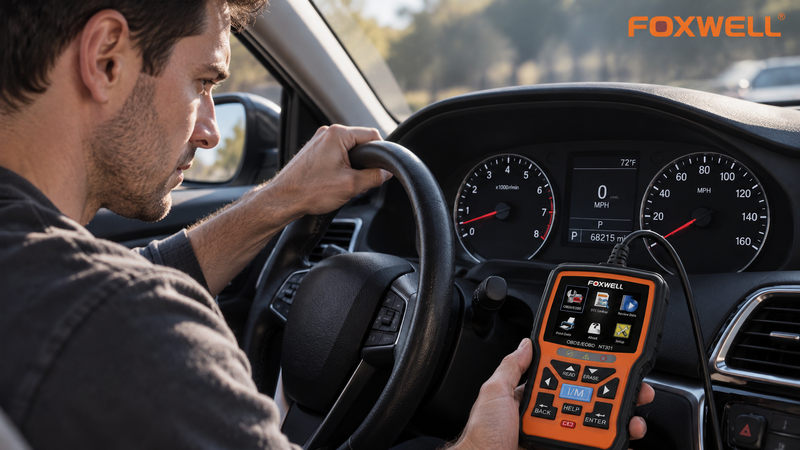 Driver checking engine misfire symptoms with an OBD2 scanner despite no check engine light, investigating possible causes through vehicle diagnostics.