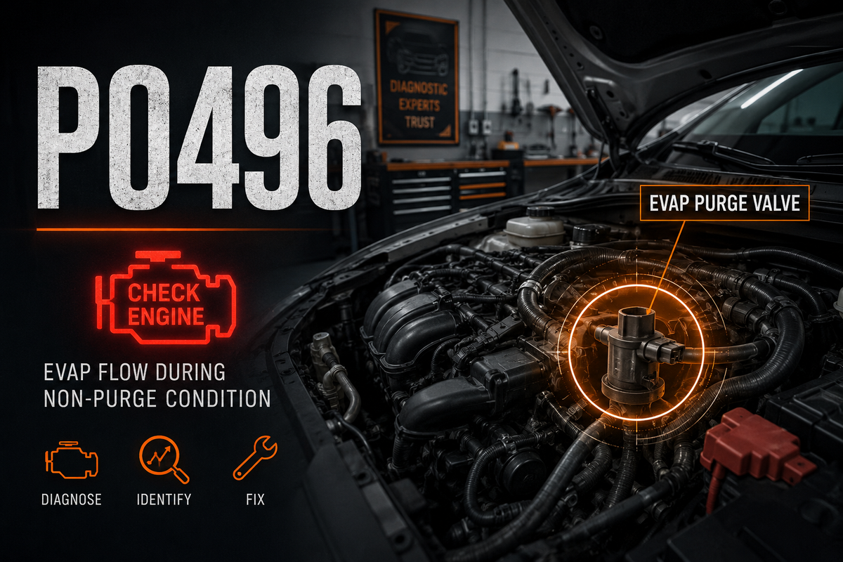 P0496 EVAP flow during non-purge condition code with highlighted EVAP purge valve and Check Engine warning light in a vehicle engine bay.