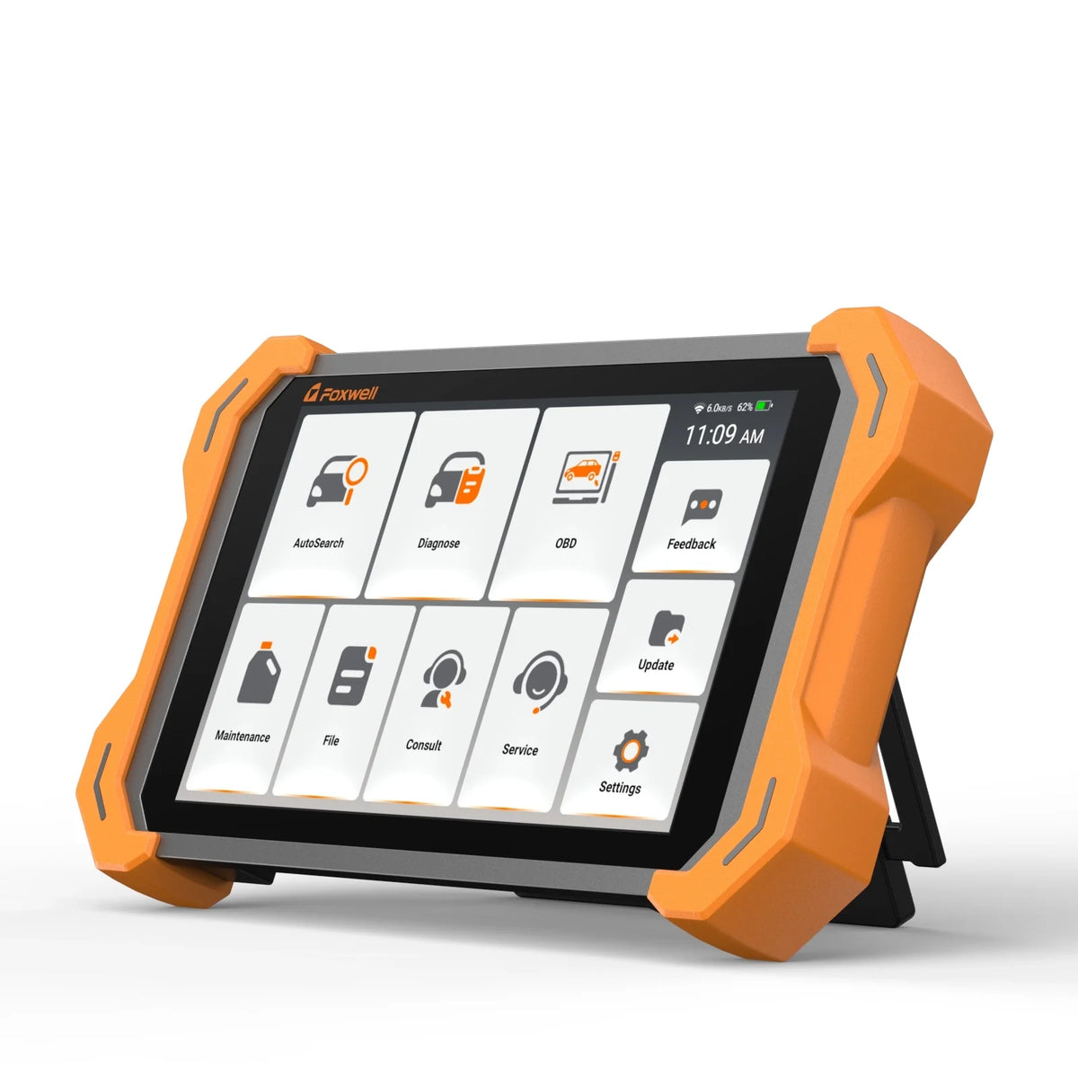 FOXWELL NT919 BT automotive diagnostic scanner with orange protective casing, touchscreen display, and built-in diagnostic and maintenance functions