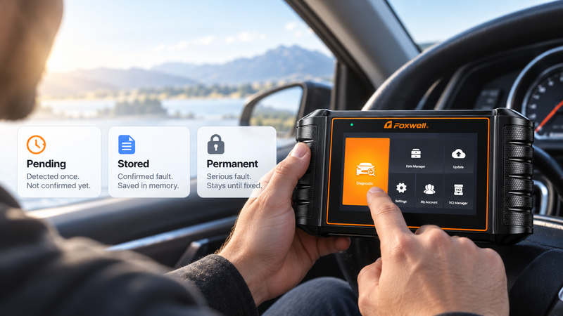 Driver using a Foxwell NT710 OBD2 scanner to check pending, stored, and permanent diagnostic trouble codes.