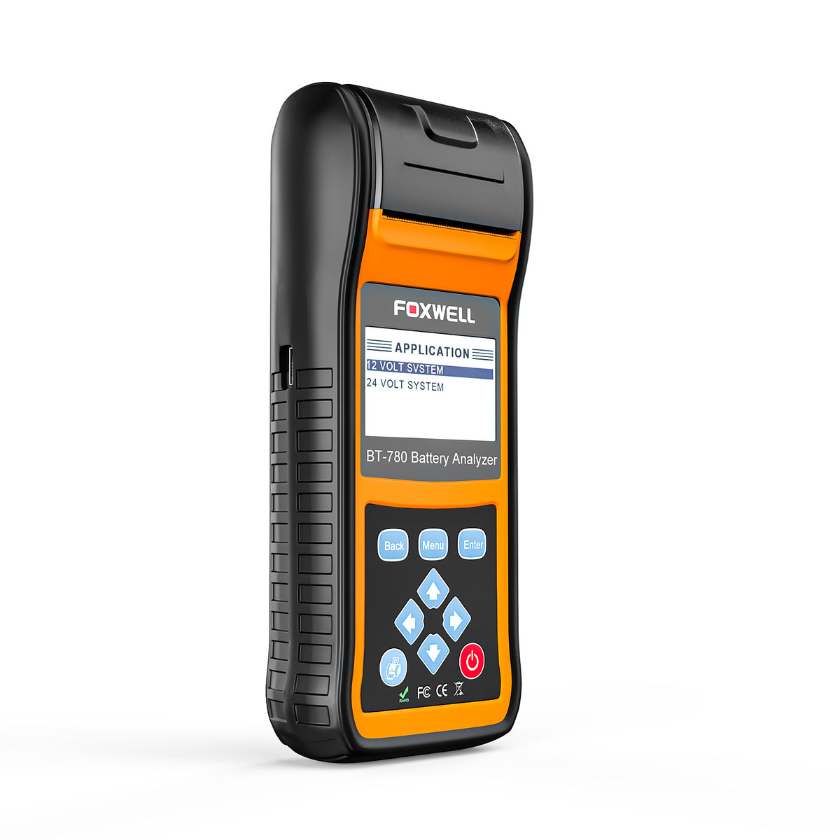 Foxwell BT780 battery tester showing interface layout and screen display